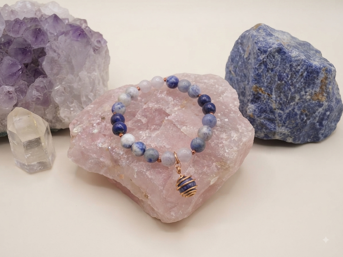 Bracciale in Sodalite, Agata Bianca e Lapislazzuli con Ciondolo in Sodalite – Perle naturali da 8 mm