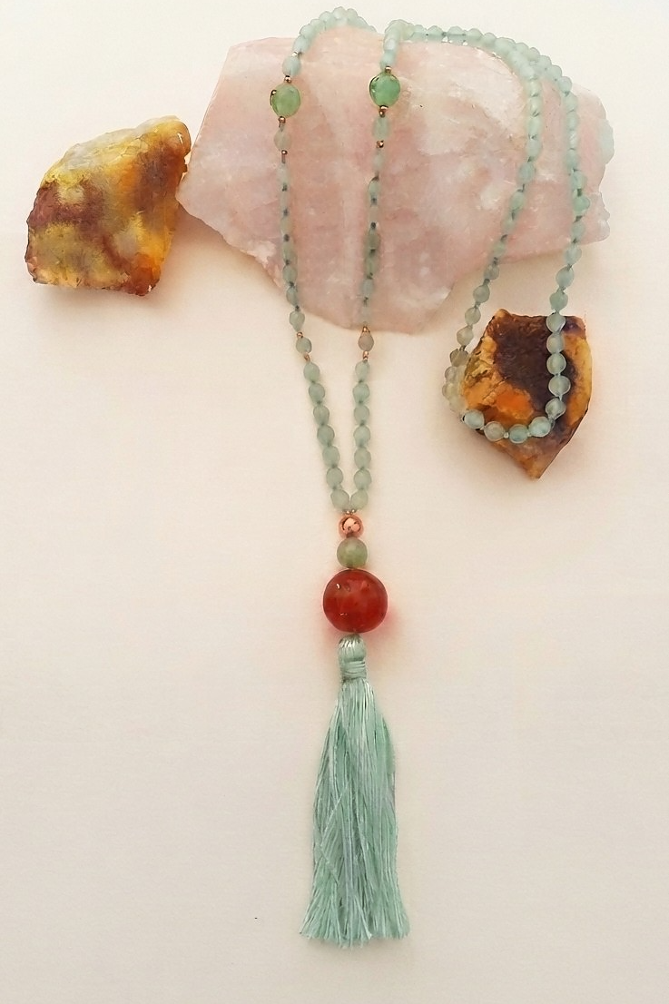 Mala da meditazione in Avventurina Verde e Agata Rossa – 108 perle