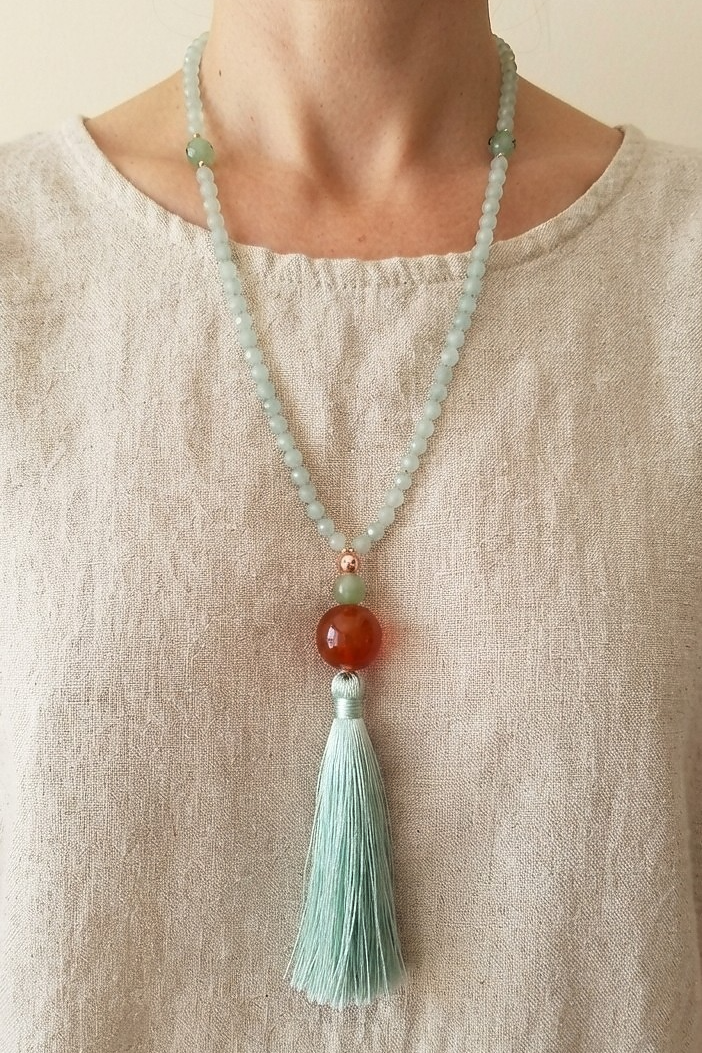 Mala da meditazione in Avventurina Verde e Agata Rossa – 108 perle
