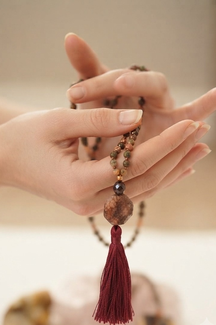 Mala da meditazione in Diaspro Leopardo e Mica – 108 perle