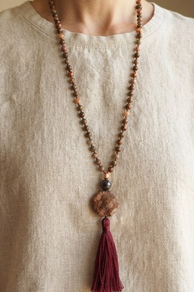 Mala da meditazione in Diaspro Leopardo e Mica – 108 perle