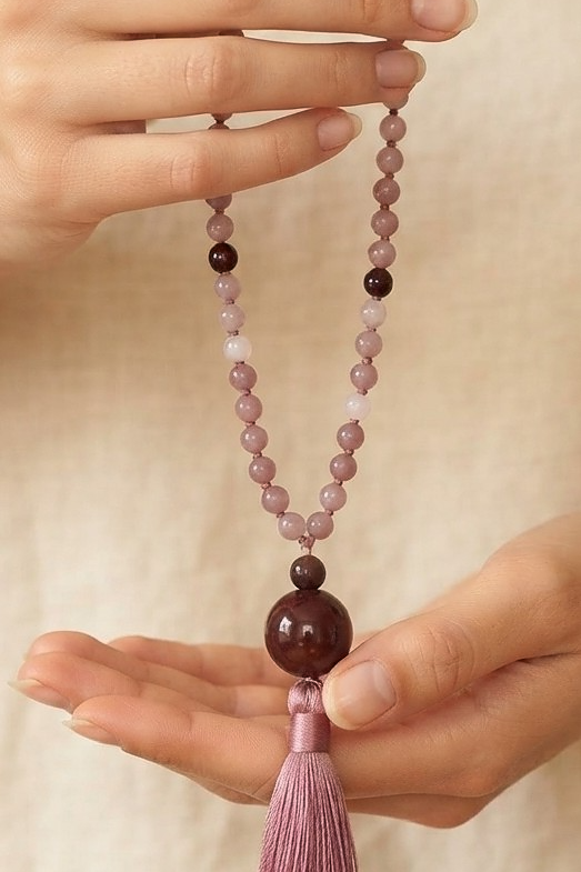Mala da meditazione in Quarzo Rosa del Madagascar, Granato e Agata Marrone – 108 perle
