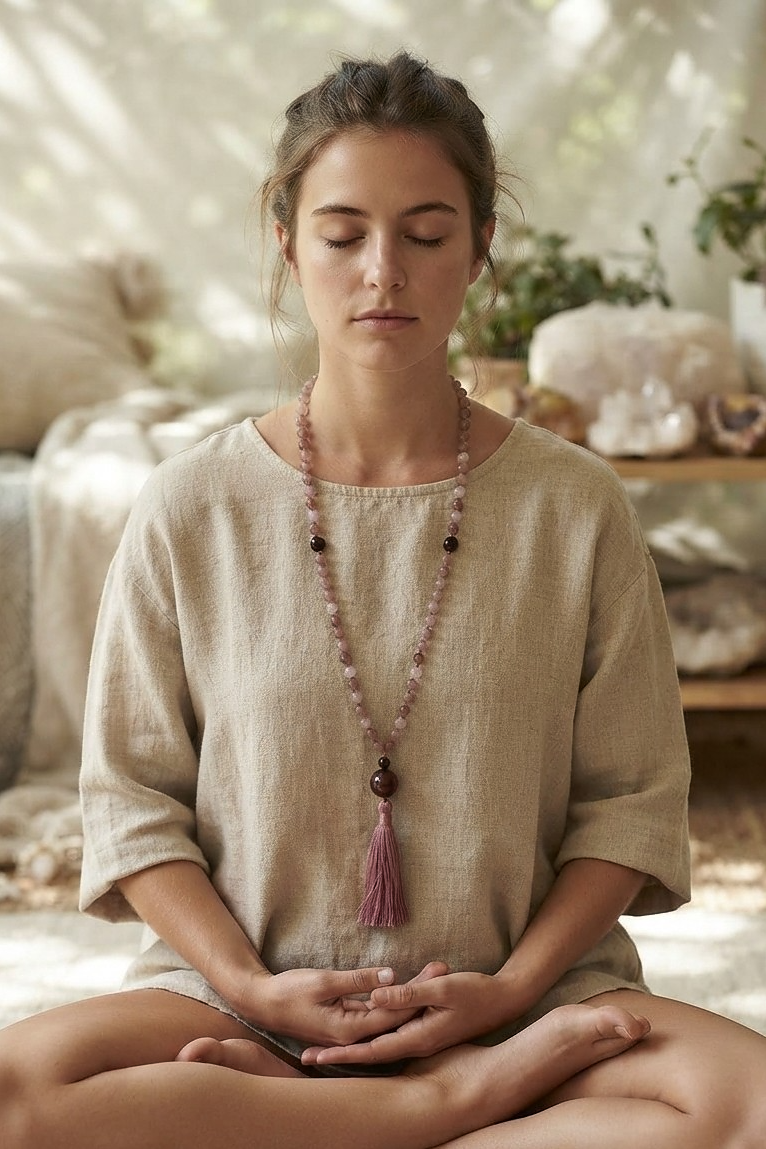 Mala da meditazione in Quarzo Rosa del Madagascar, Granato e Agata Marrone – 108 perle