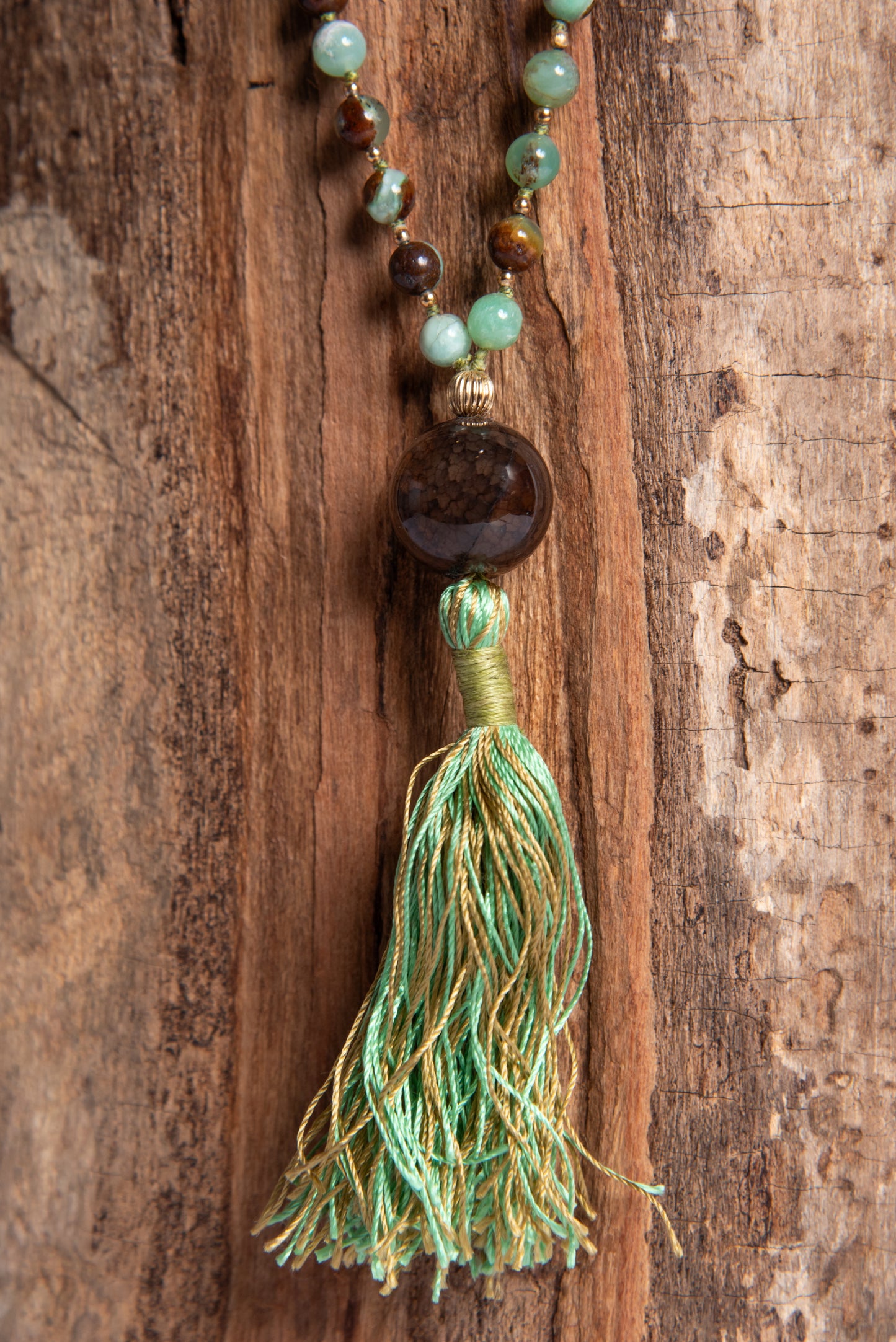 Mala collana 108 perle Crisoprasio messicano, pietra guru Agata, argento dorato 925, placcato oro 14kt