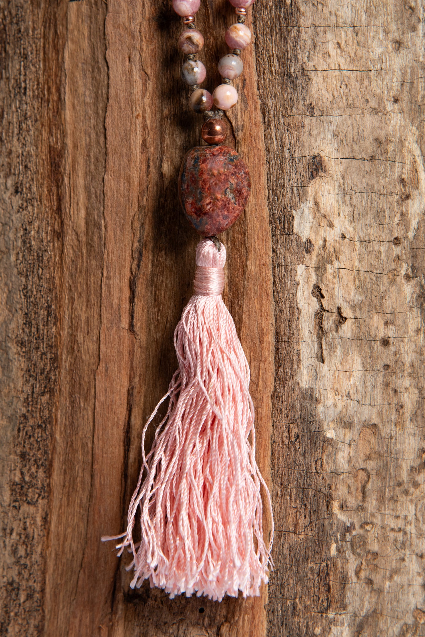 Mala artigianale con pietre naturali di Rodocrosite, Pietra Guru Diaspro oceano, Rame