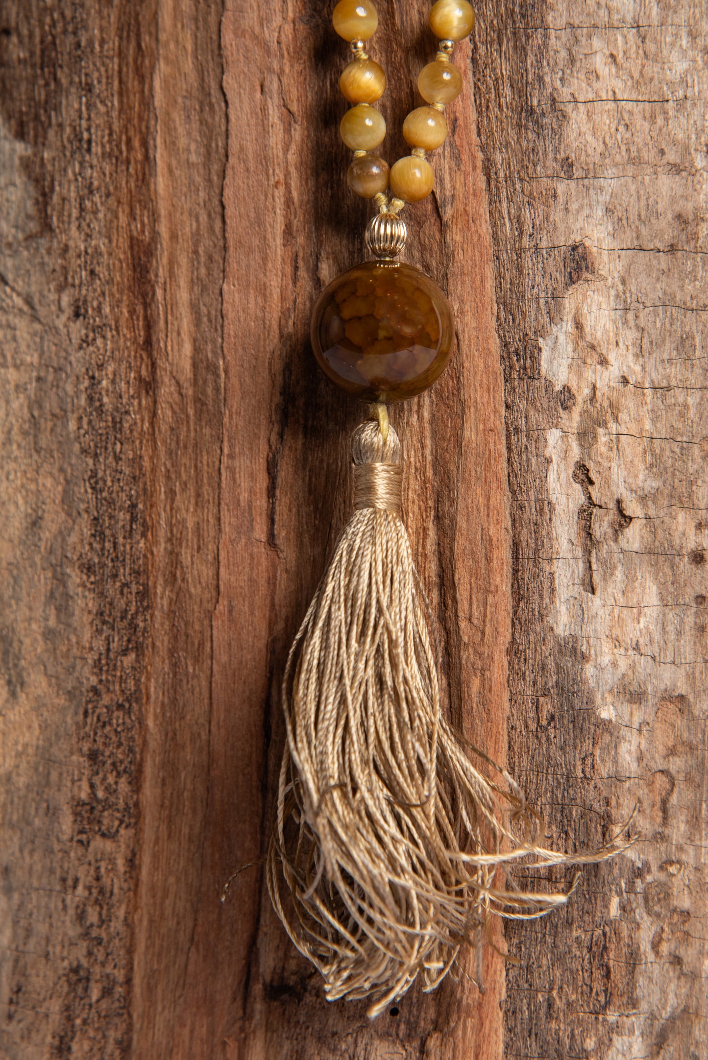Mala con pietre dure naturali di Occhio di tigre dorato, Pietra guru Agata, Argento dorato 925, placcato oro 14 kt