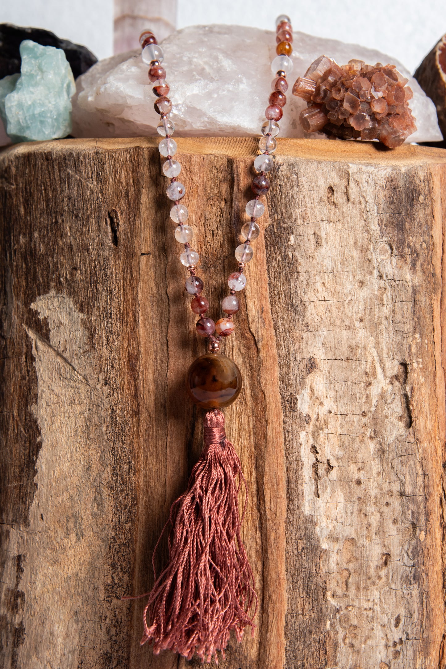 Mala in Quarzo Ematoide, Pietra Guru Agata, Rame