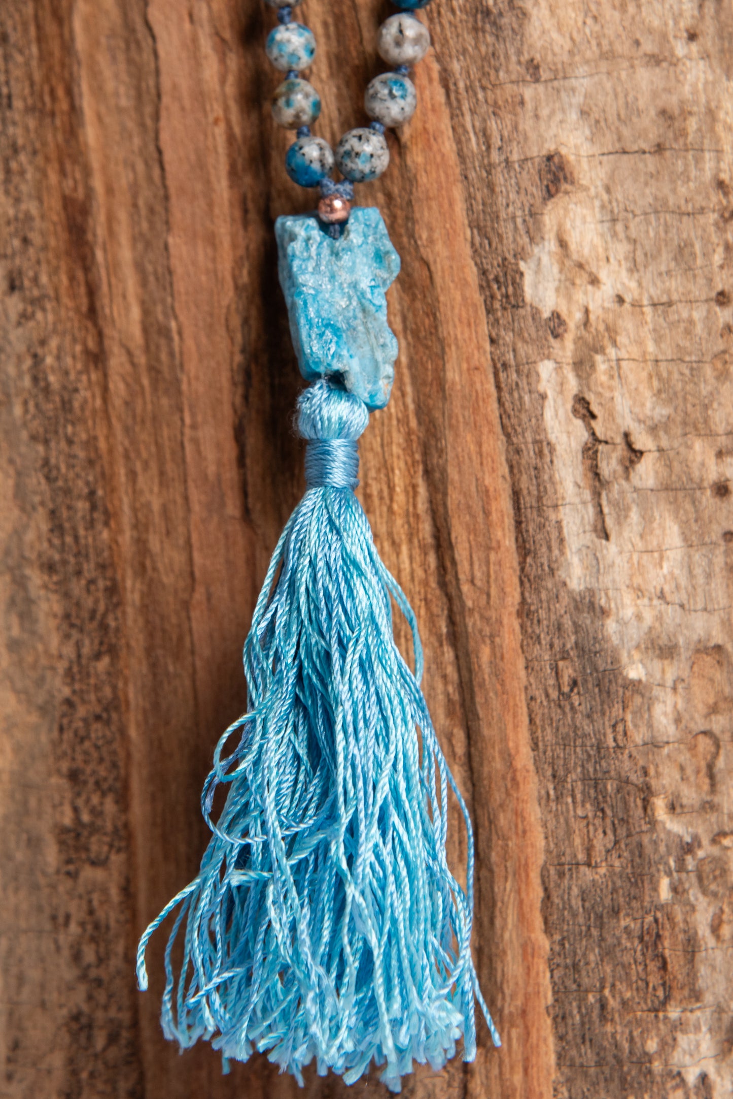 Mala per meditare in Diaspro K2, Pietra Guru Apatite e Rame