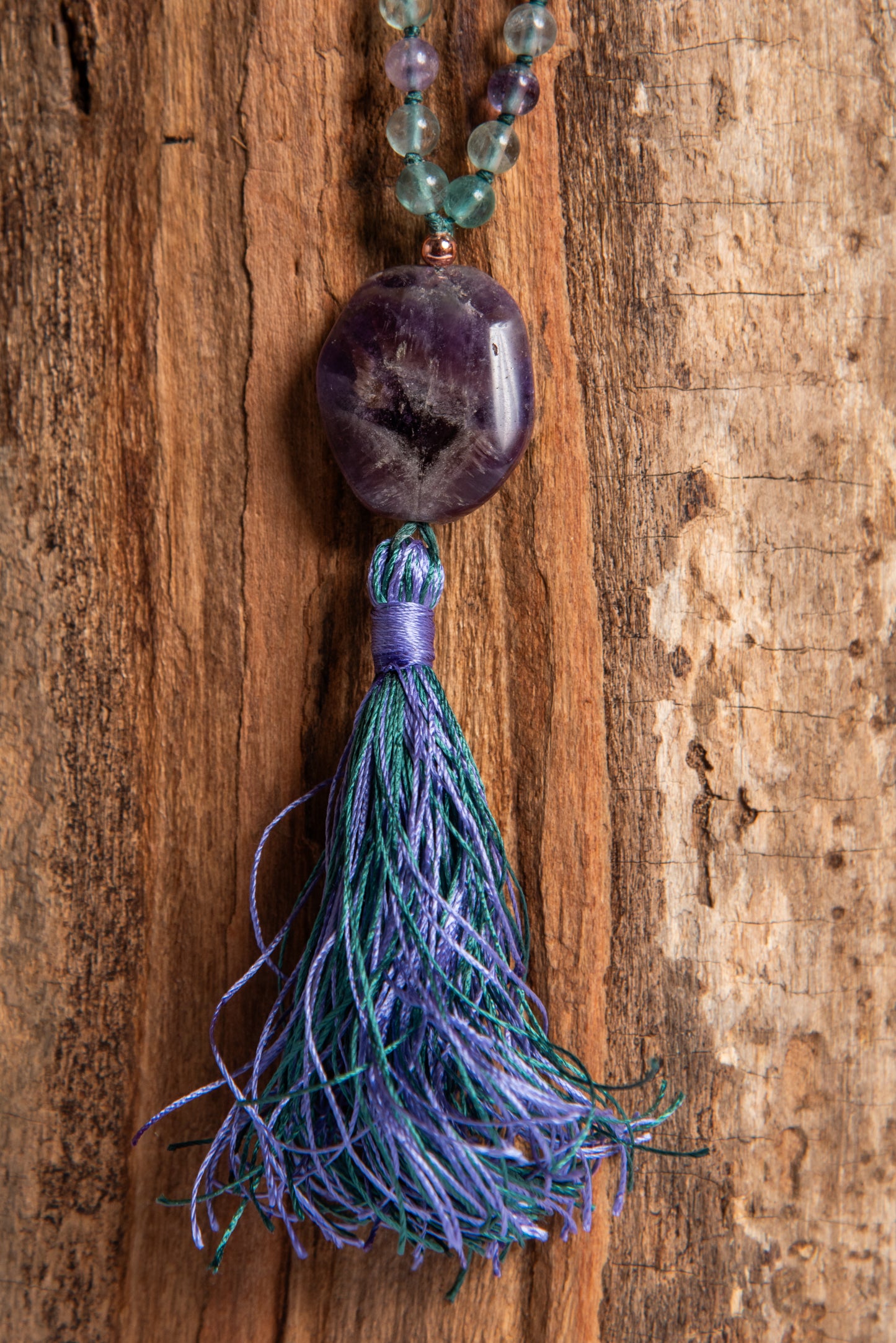 Mala per meditare in Fluorite, Pietra Guru Ametista, Rame