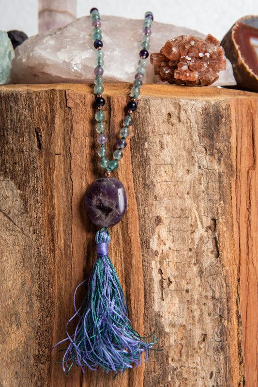 Mala per meditare in Fluorite, Pietra Guru Ametista, Rame