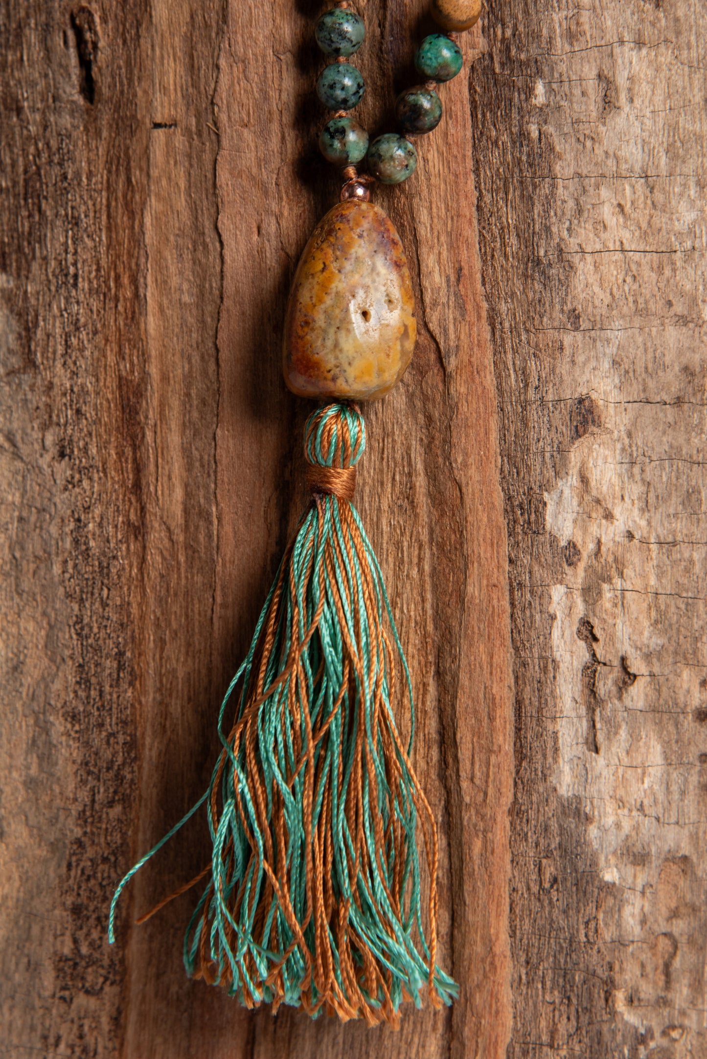 Mala artigianale in Turchese africano e diaspro paesaggio, pietra guru in Diaspro paesaggio e Rame