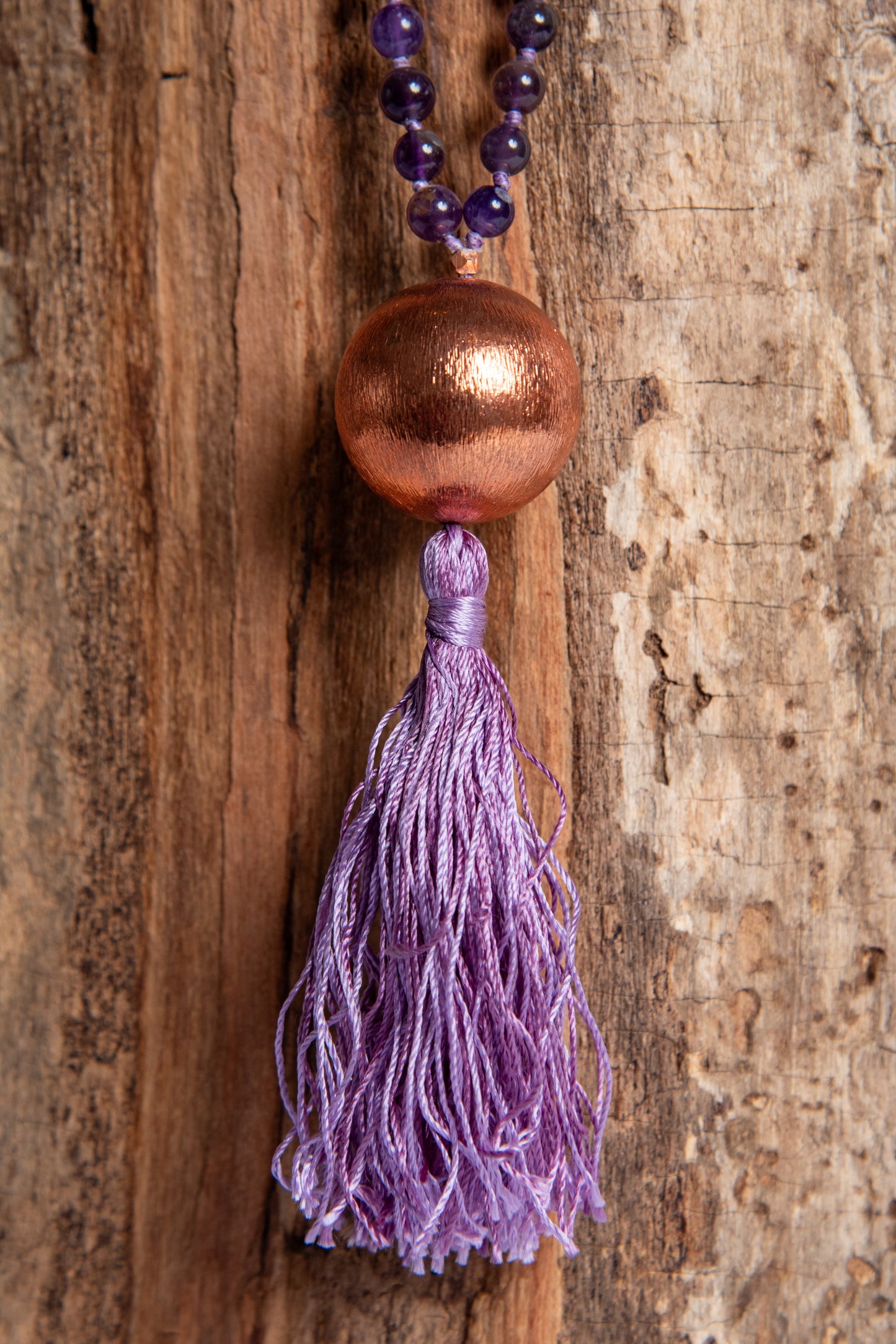 Mala da meditazione in Ametista 108 perle, Perla Guru in rame