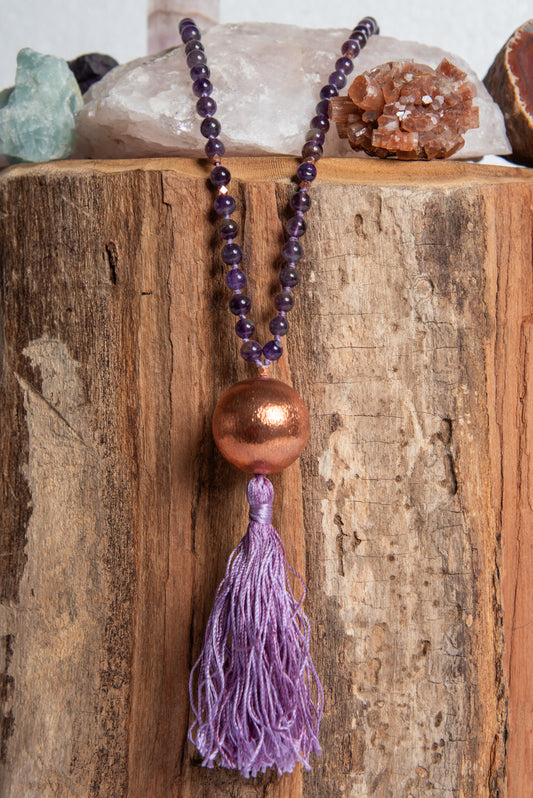 Mala da meditazione in Ametista 108 perle, Perla Guru in rame