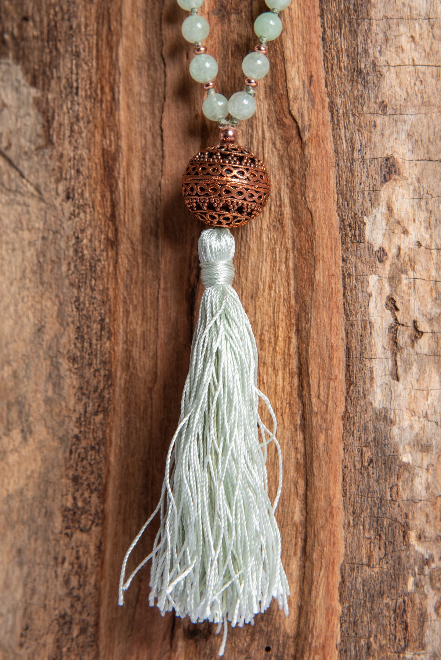 Mala collana 108 perle Crisoprasio australiano, perla guru in rame, rame