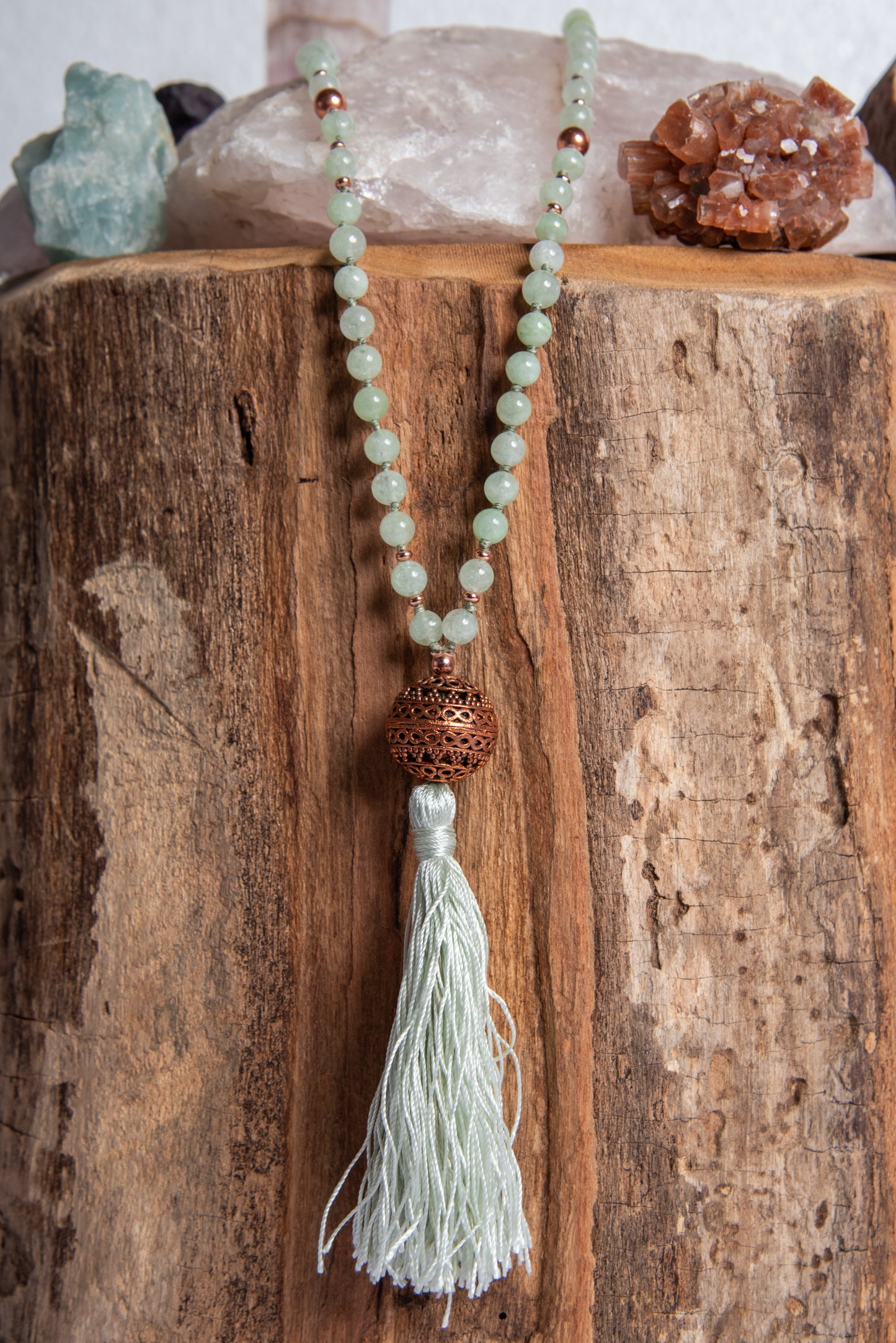 Mala collana 108 perle Crisoprasio australiano, perla guru in rame, rame