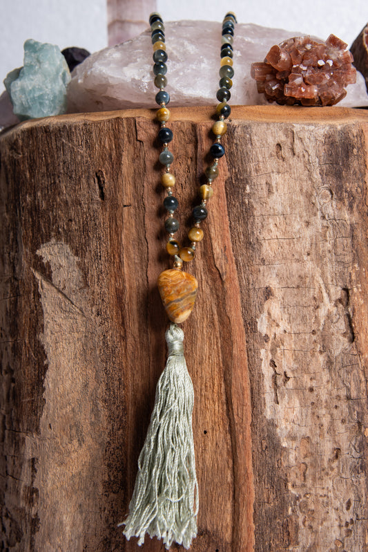 Mala con pietre dure naturali di Occhio di falco, Pietra guru Diaspro, Argento dorato 925