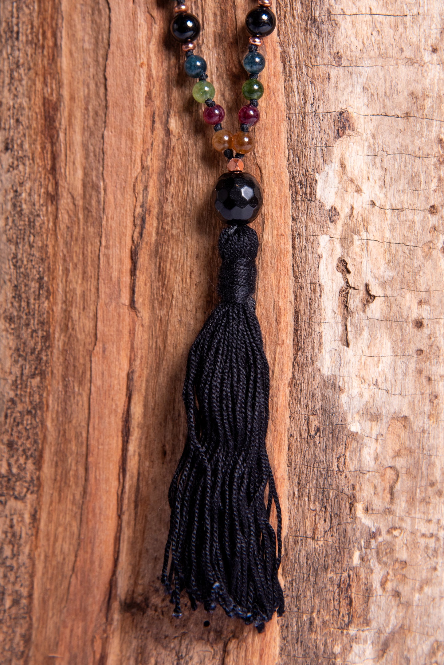 Mala collana 108 perle di Tormalina naturale vari colori e Onice, Pietra Guru Onice, Rame