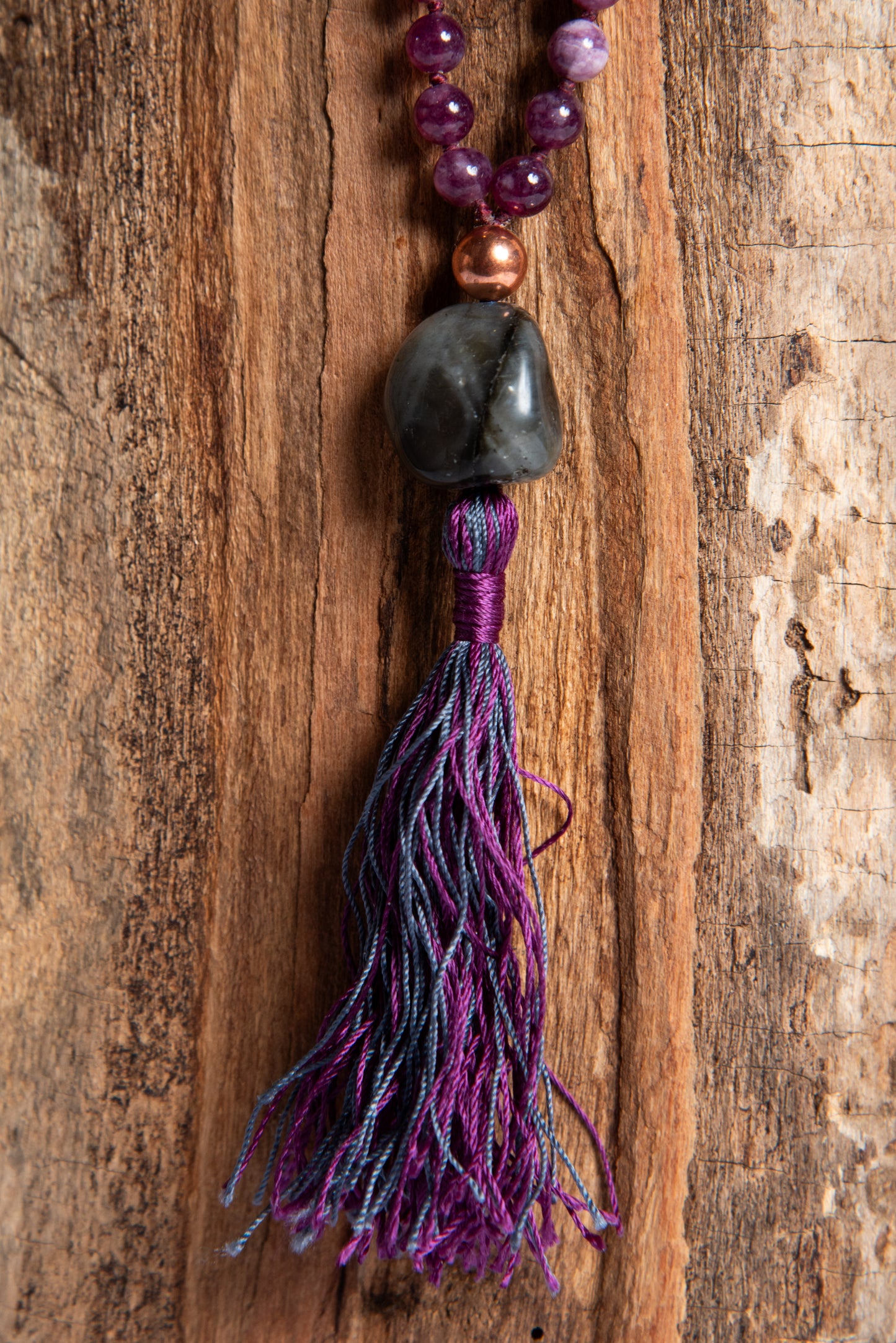 Mala in Lepidolite, Pietra guru Labradorite, Rame