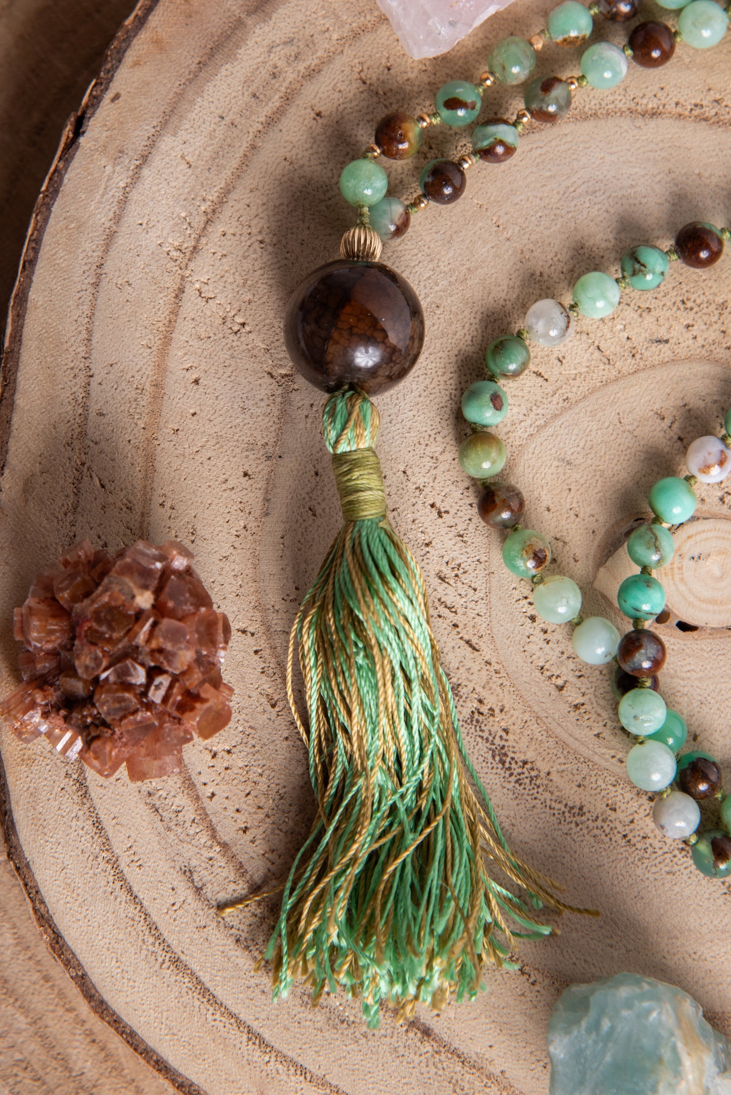 Mala collana 108 perle Crisoprasio messicano, pietra guru Agata, argento dorato 925, placcato oro 14kt