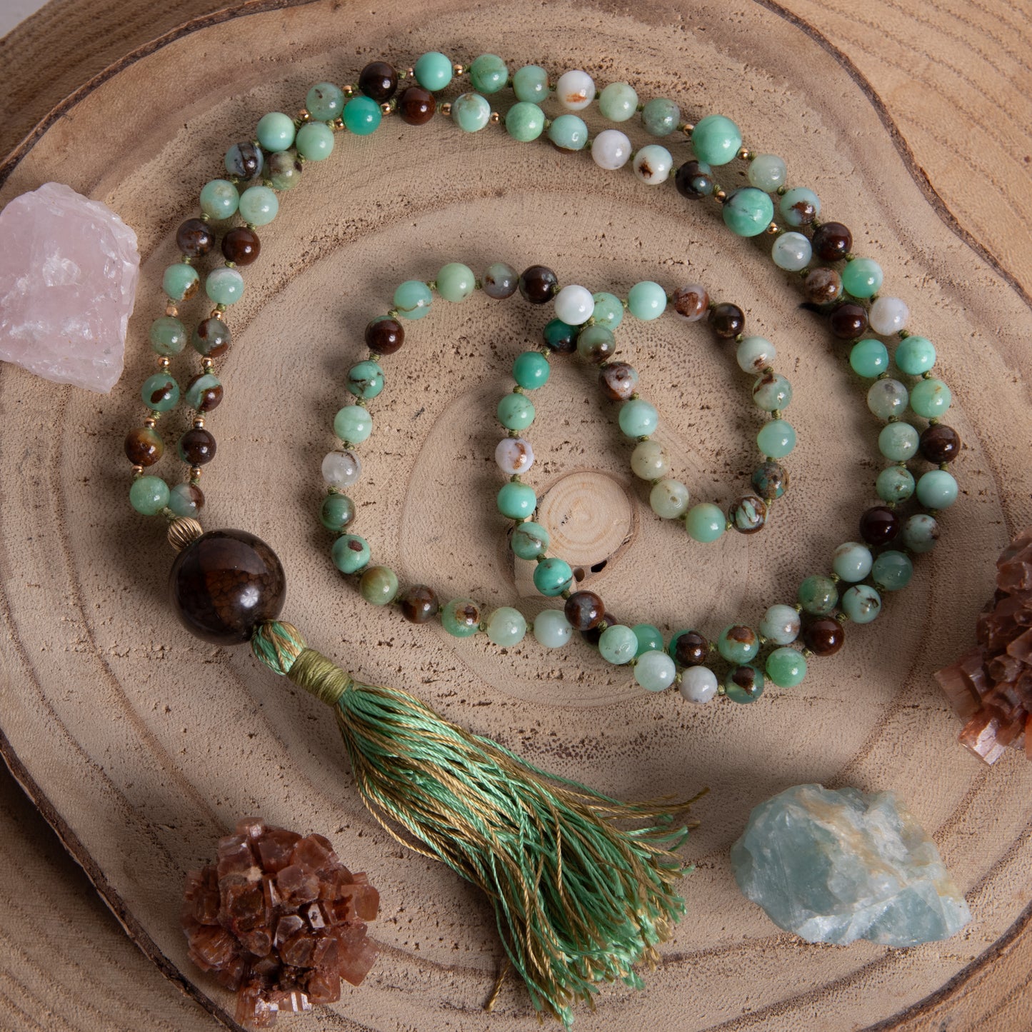 Mala collana 108 perle Crisoprasio messicano, pietra guru Agata, argento dorato 925, placcato oro 14kt