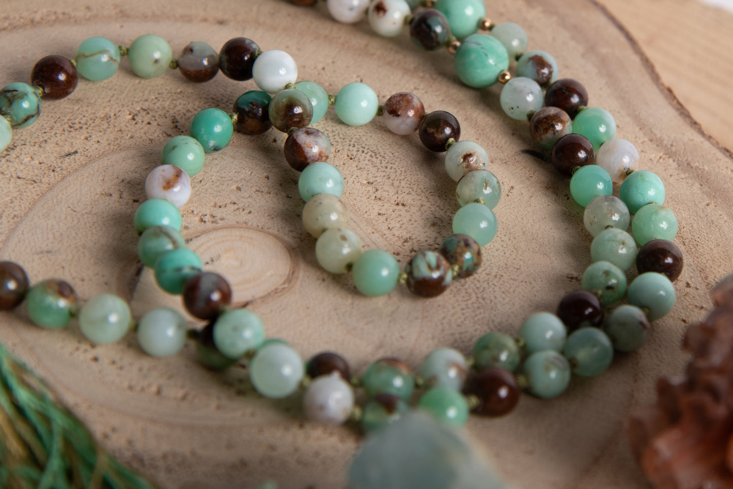 Mala collana 108 perle Crisoprasio messicano, pietra guru Agata, argento dorato 925, placcato oro 14kt