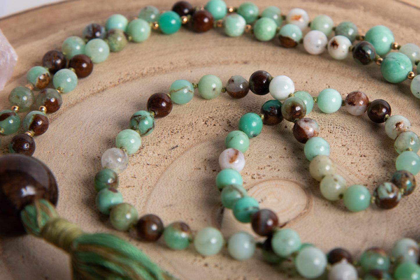 Mala collana 108 perle Crisoprasio messicano, pietra guru Agata, argento dorato 925, placcato oro 14kt