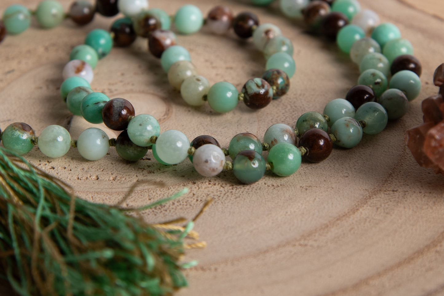 Mala collana 108 perle Crisoprasio messicano, pietra guru Agata, argento dorato 925, placcato oro 14kt