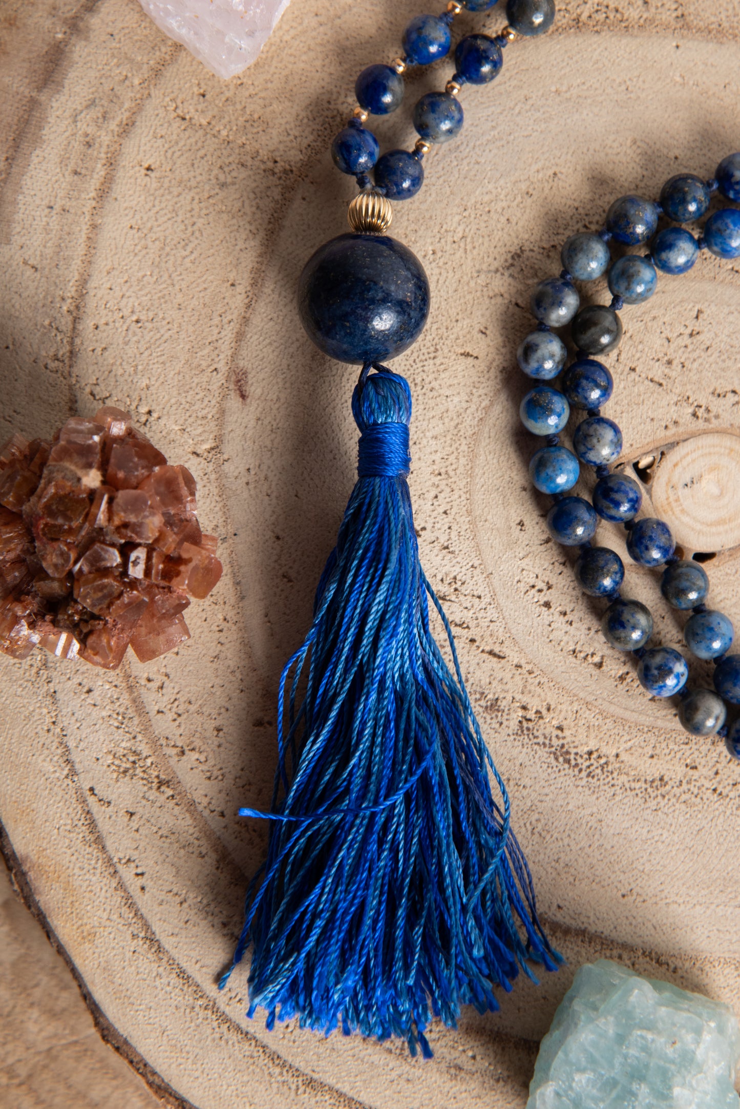 Mala per meditare in Lapislazzuli, Pietra Guru Lapislazzuli, Argento dorato 925, Placcato Oro 14kt