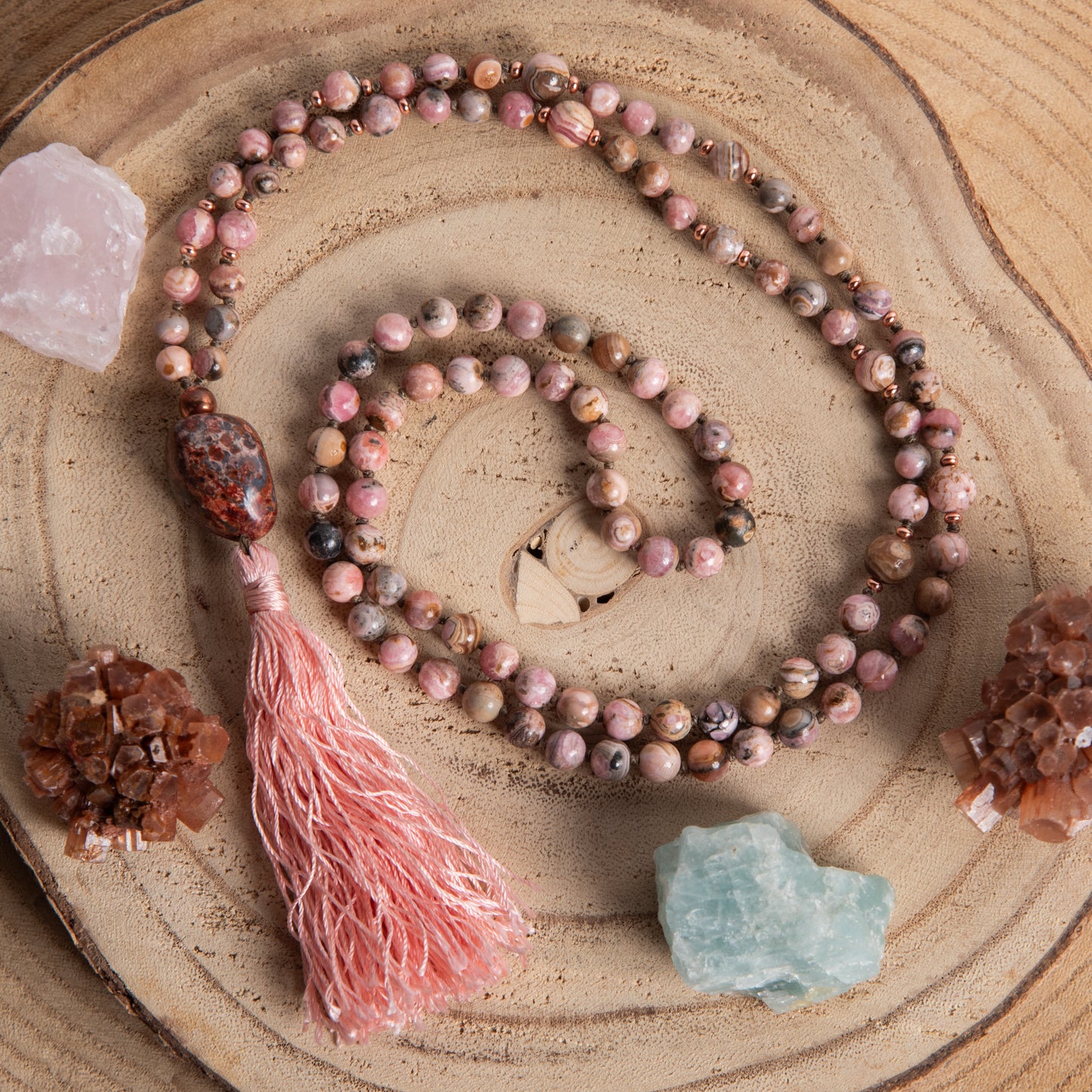 Mala artigianale con pietre naturali di Rodocrosite, Pietra Guru Diaspro oceano, Rame