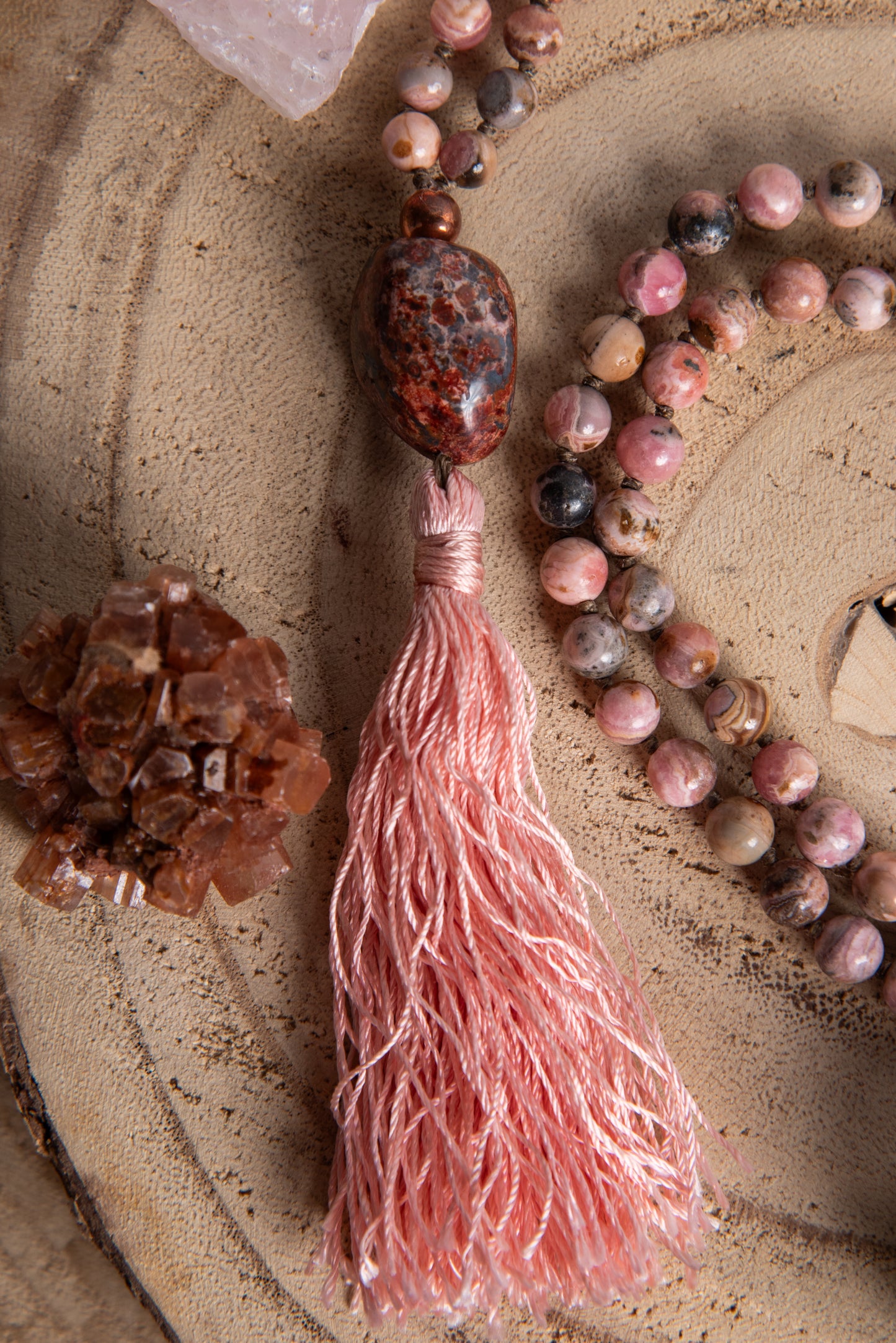 Mala artigianale con pietre naturali di Rodocrosite, Pietra Guru Diaspro oceano, Rame