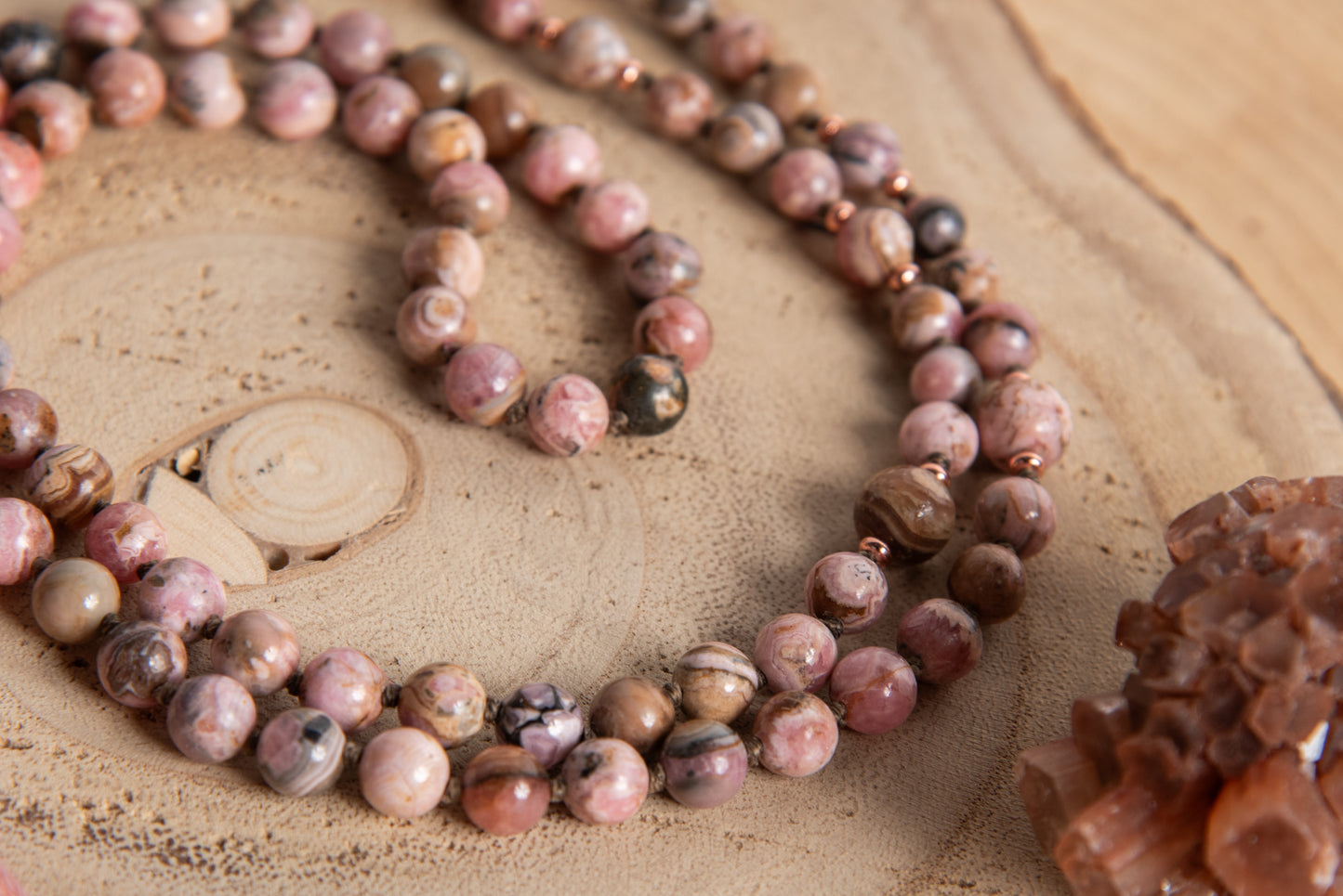 Mala artigianale con pietre naturali di Rodocrosite, Pietra Guru Diaspro oceano, Rame