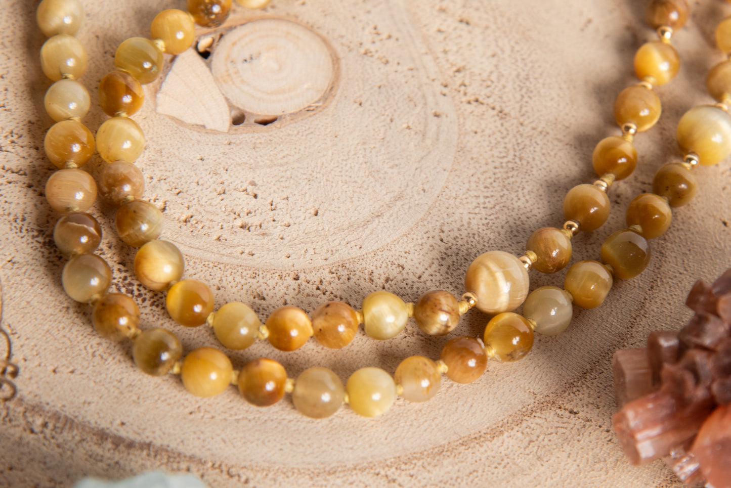 Mala con pietre dure naturali di Occhio di tigre dorato, Pietra guru Agata, Argento dorato 925, placcato oro 14 kt