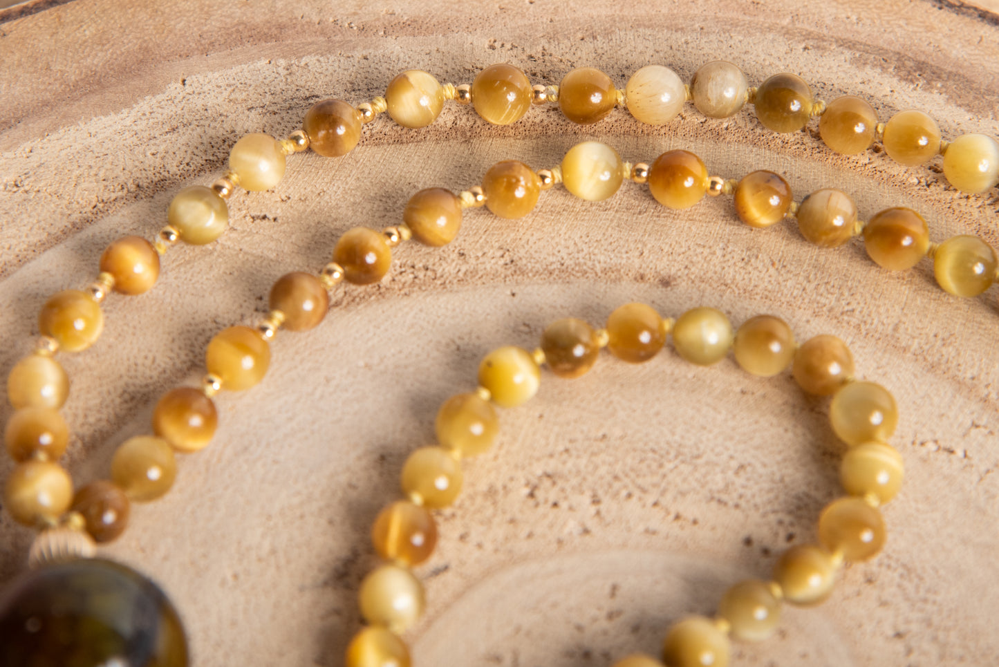 Mala con pietre dure naturali di Occhio di tigre dorato, Pietra guru Agata, Argento dorato 925, placcato oro 14 kt