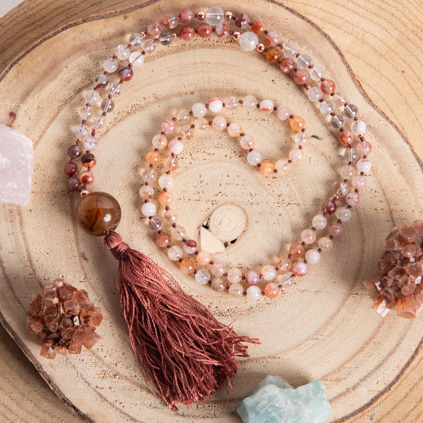 Mala in Quarzo Ematoide, Pietra Guru Agata, Rame