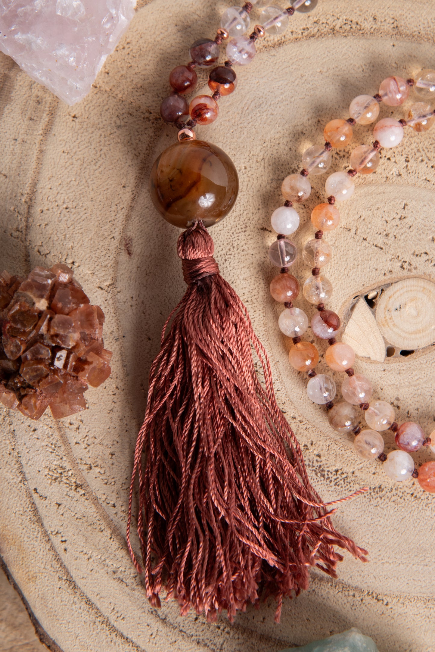 Mala in Quarzo Ematoide, Pietra Guru Agata, Rame