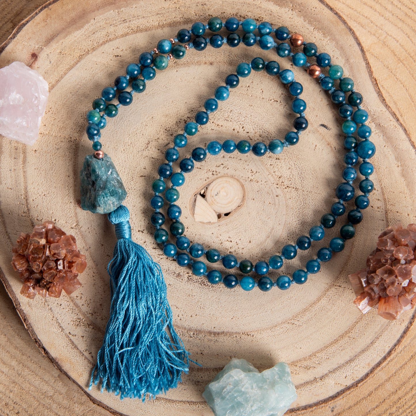 Mala per la pratica della meditazione in Apatite, Pietra Guru Apatite e Rame