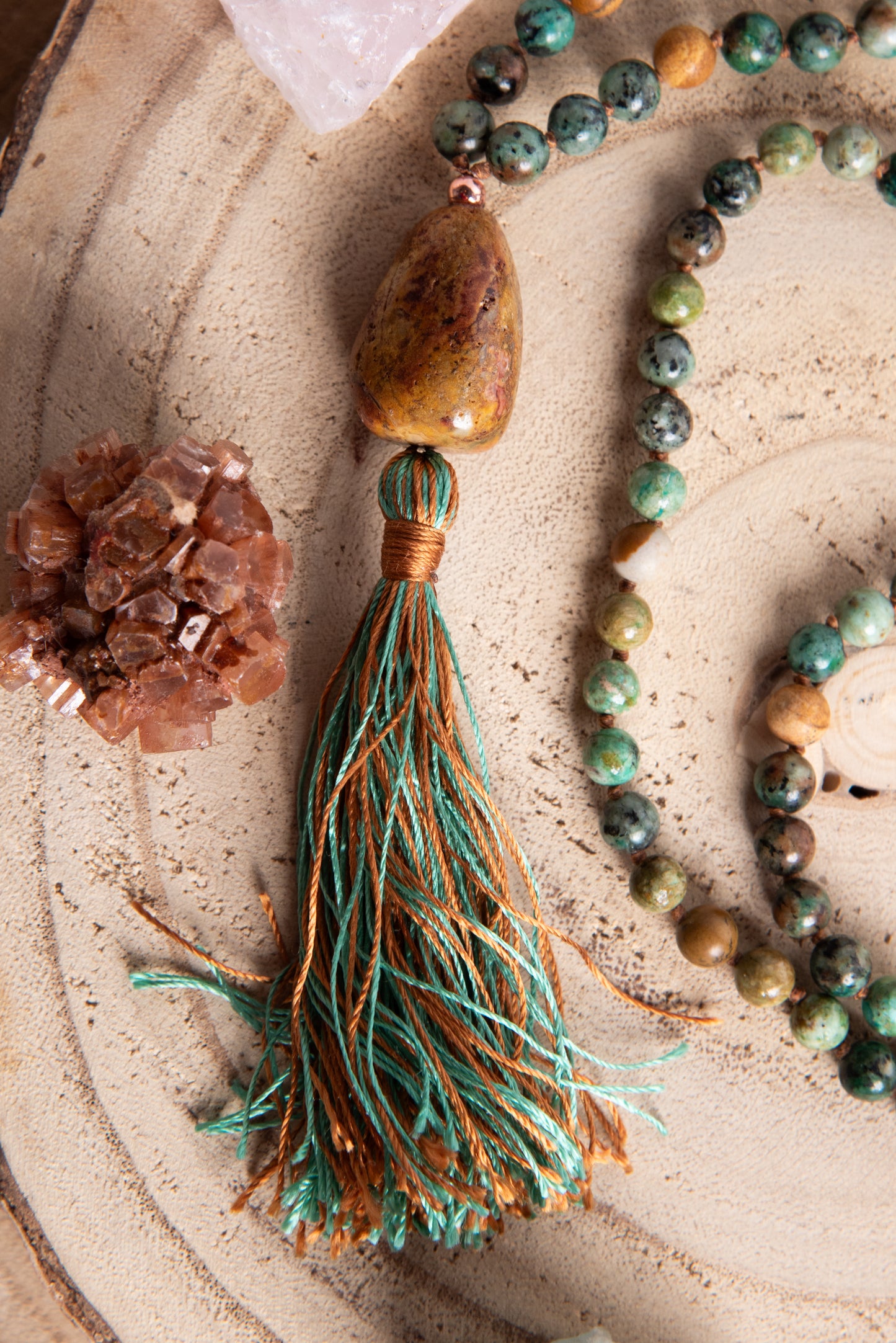 Mala artigianale in Turchese africano e diaspro paesaggio, pietra guru in Diaspro paesaggio e Rame