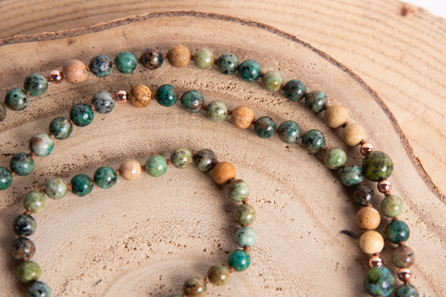 Mala artigianale in Turchese africano e diaspro paesaggio, pietra guru in Diaspro paesaggio e Rame