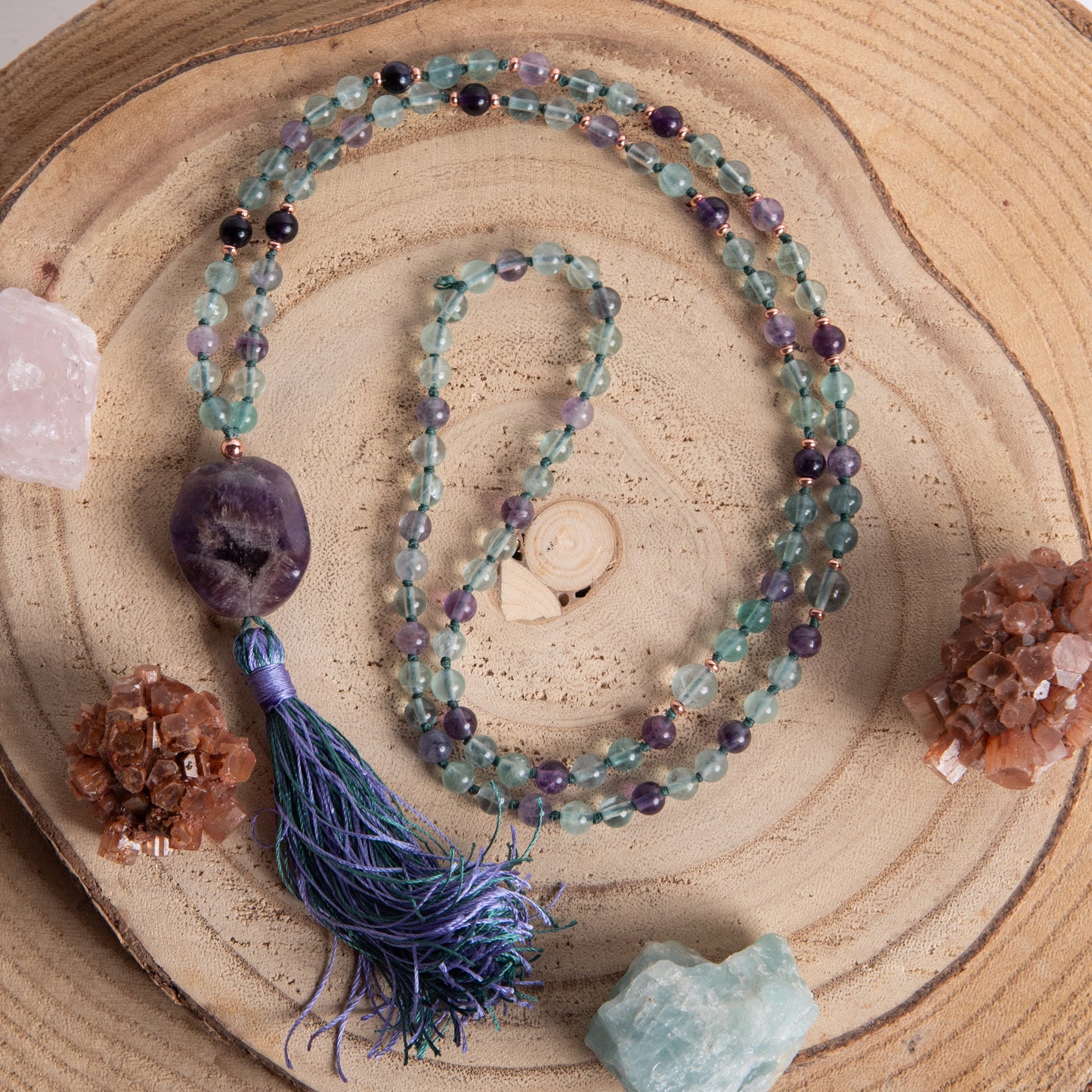 Mala per meditare in Fluorite, Pietra Guru Ametista, Rame