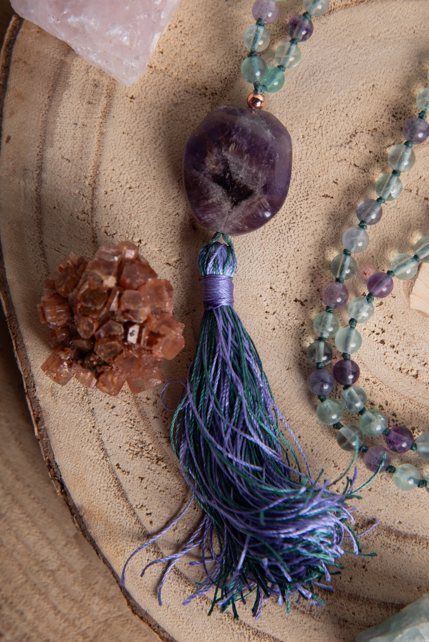 Mala per meditare in Fluorite, Pietra Guru Ametista, Rame