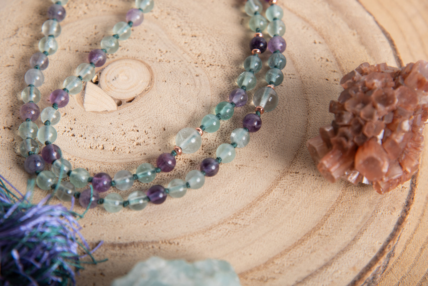 Mala per meditare in Fluorite, Pietra Guru Ametista, Rame