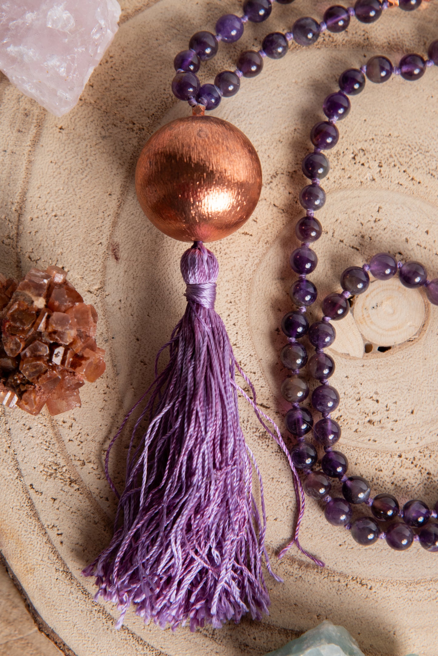 Mala da meditazione in Ametista 108 perle, Perla Guru in rame
