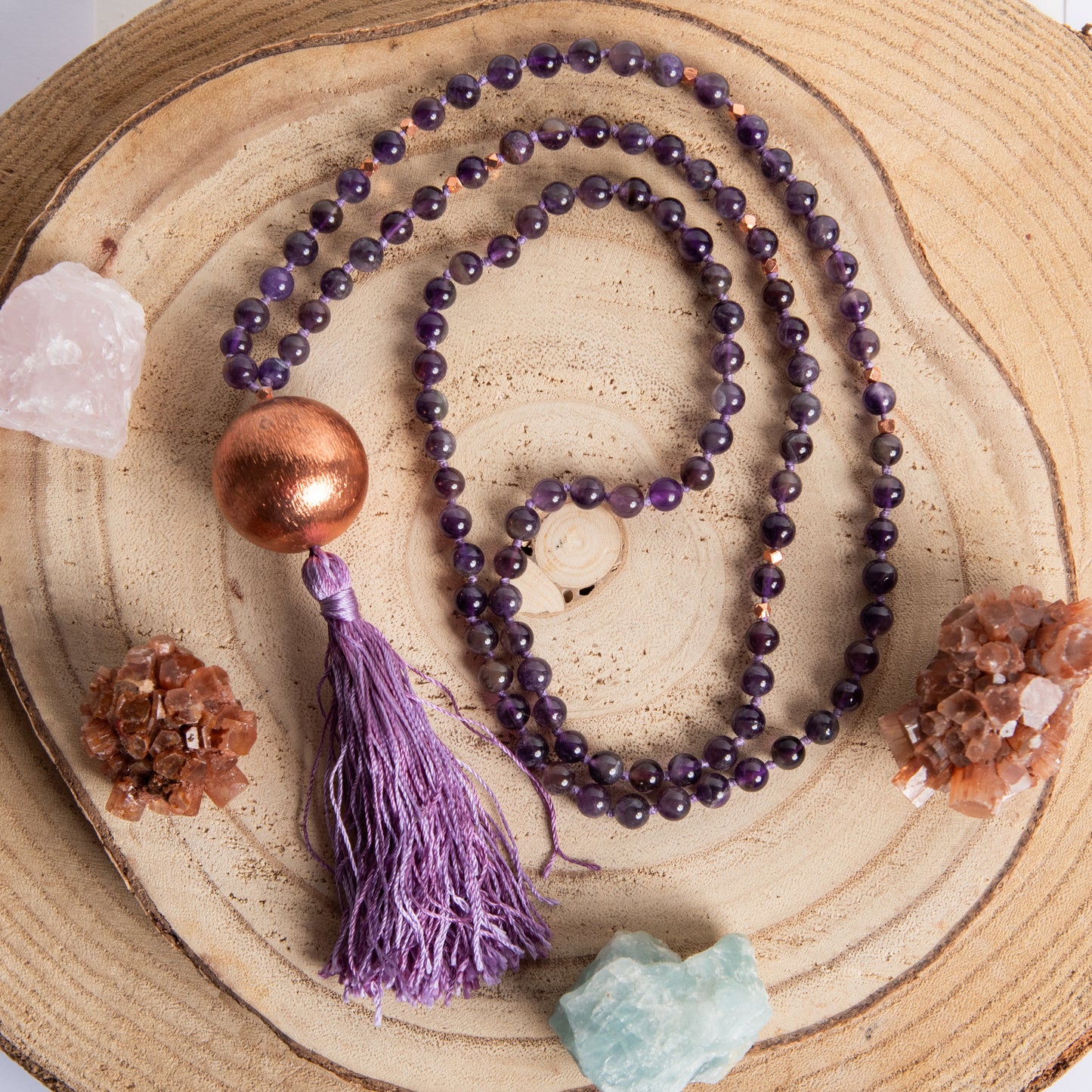 Mala da meditazione in Ametista 108 perle, Perla Guru in rame