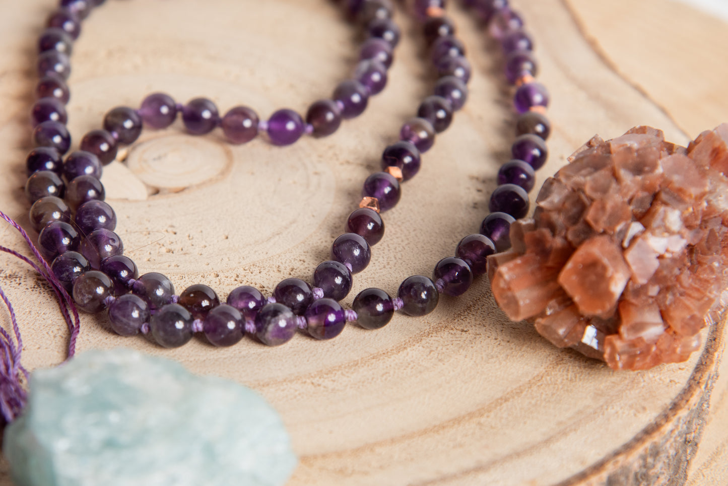 Mala da meditazione in Ametista 108 perle, Perla Guru in rame