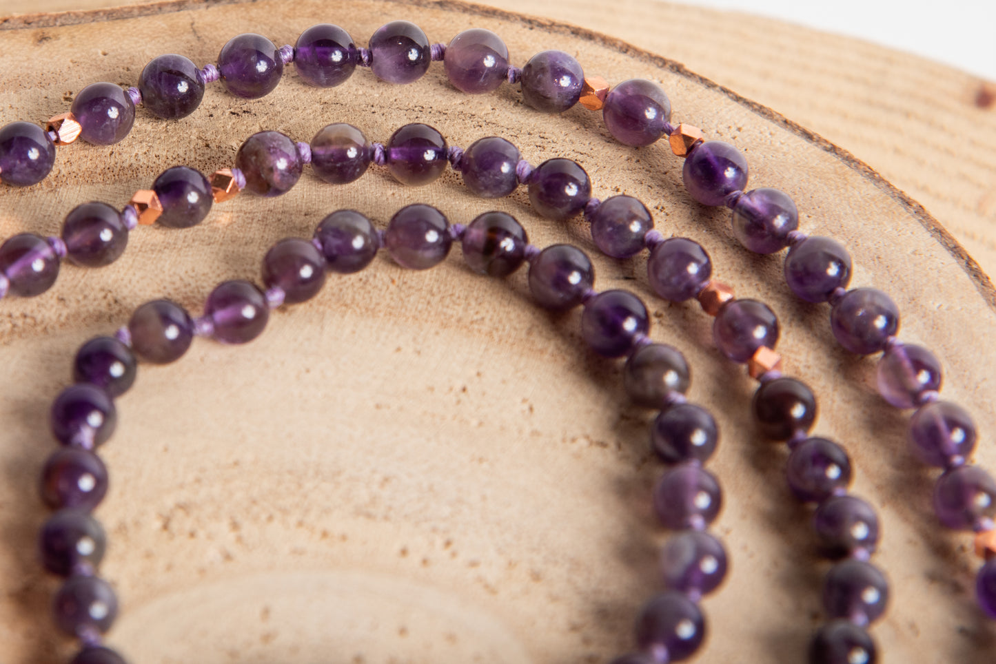 Mala da meditazione in Ametista 108 perle, Perla Guru in rame