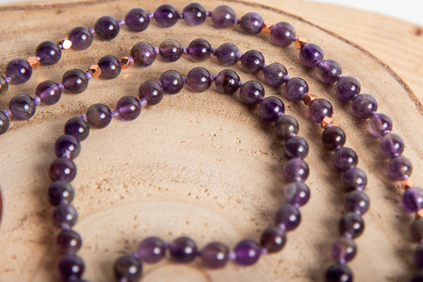 Mala da meditazione in Ametista 108 perle, Perla Guru in rame