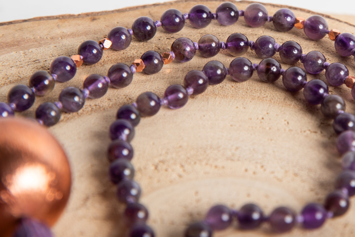 Mala da meditazione in Ametista 108 perle, Perla Guru in rame