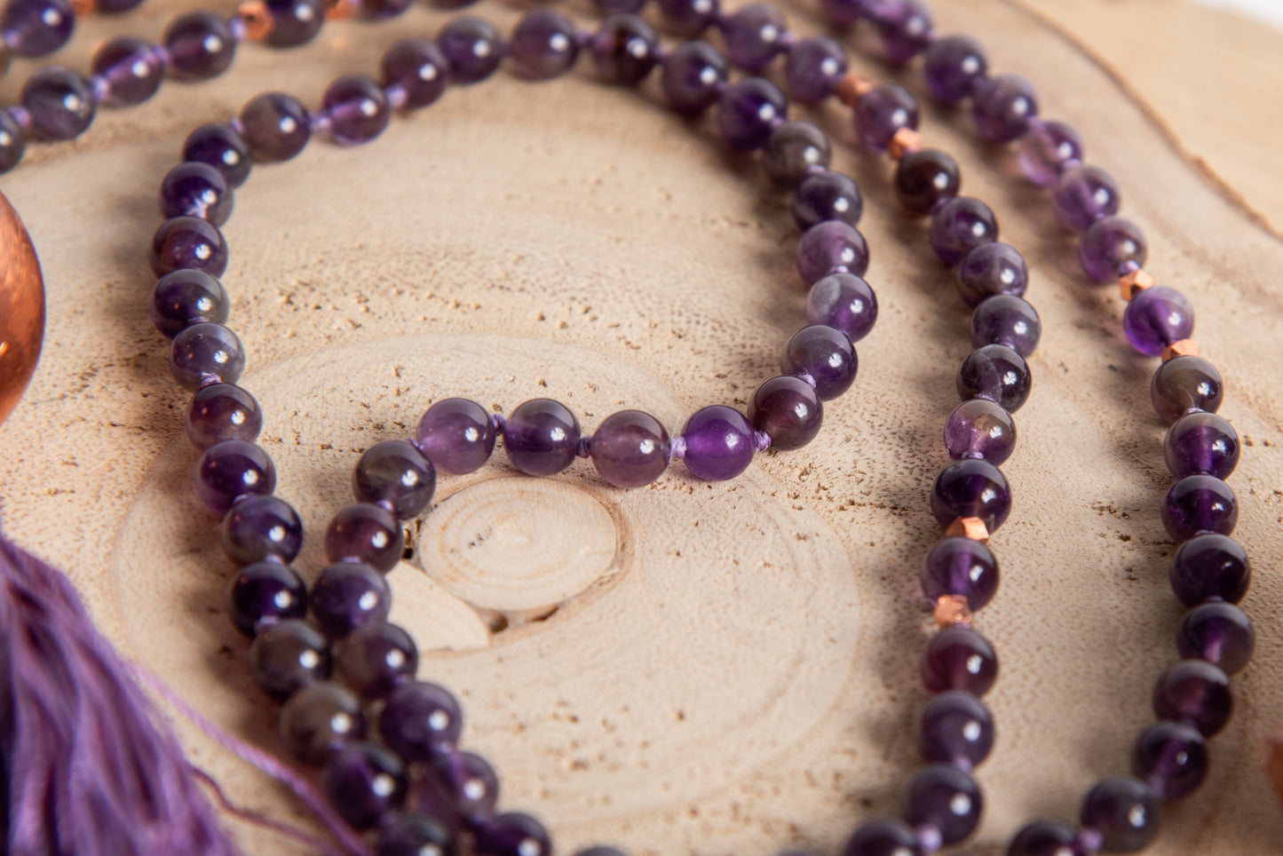 Mala da meditazione in Ametista 108 perle, Perla Guru in rame