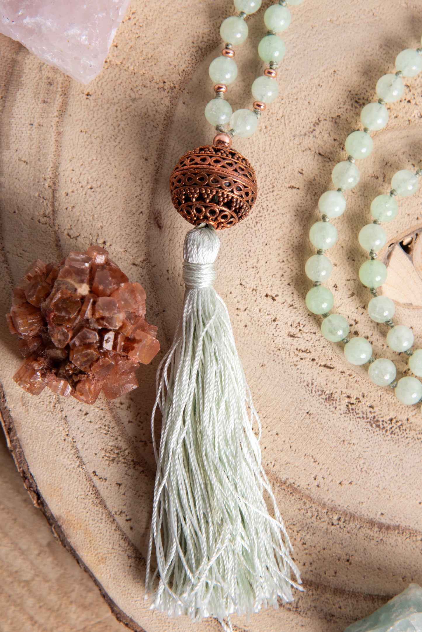 Mala collana 108 perle Crisoprasio australiano, perla guru in rame, rame