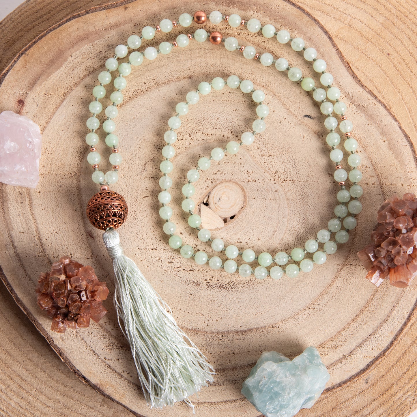 Mala collana 108 perle Crisoprasio australiano, perla guru in rame, rame